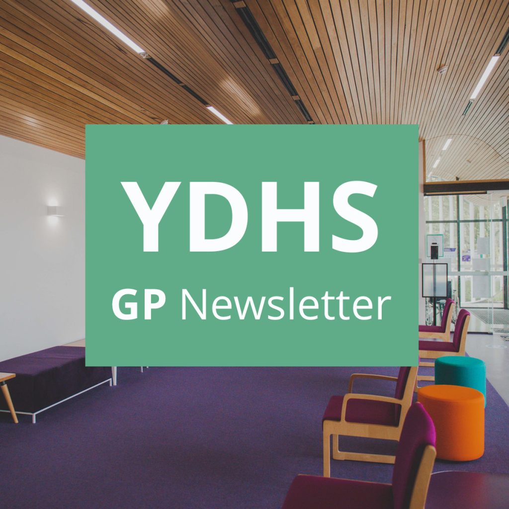 Graphic of doctors waiting room with colourful furniture, and green box over the photo with the words YDHS GP Newsletter in white.