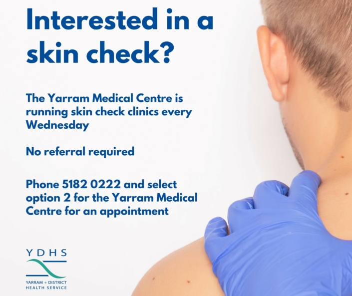 Advert for a skin check showing blue text and the back of a man's head and shoulders.