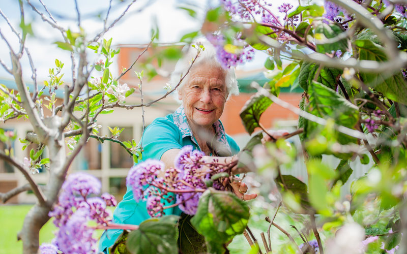 Photo of elderly woman in garden with purple flowers and trees
