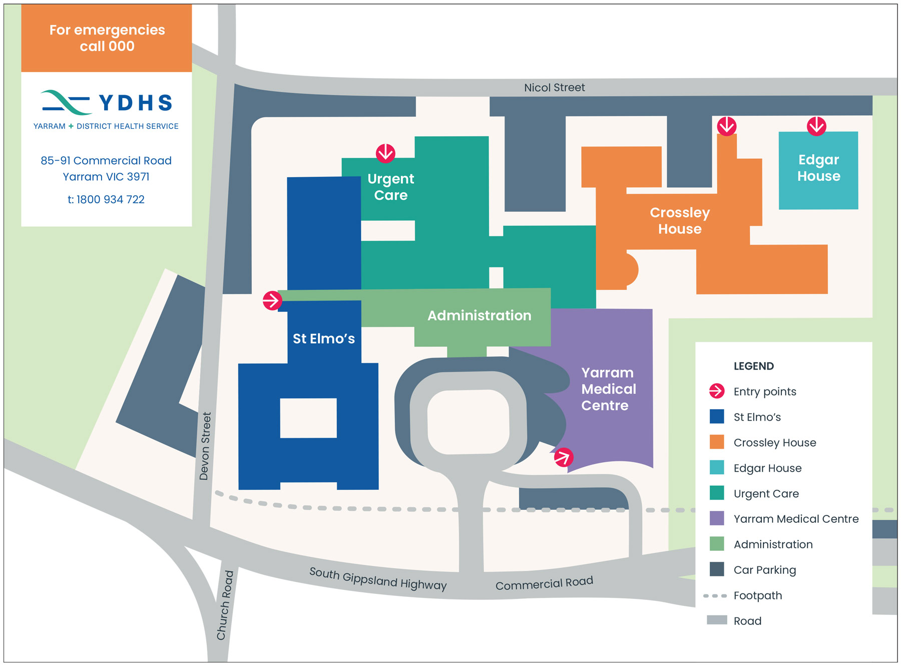 Map of the YDHS site showing different service areas and parking in different colours.